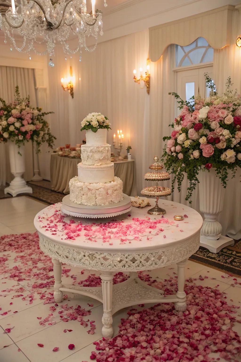 A cake table surrounded by pretty petals, creating a romantic and natural confetti effect.