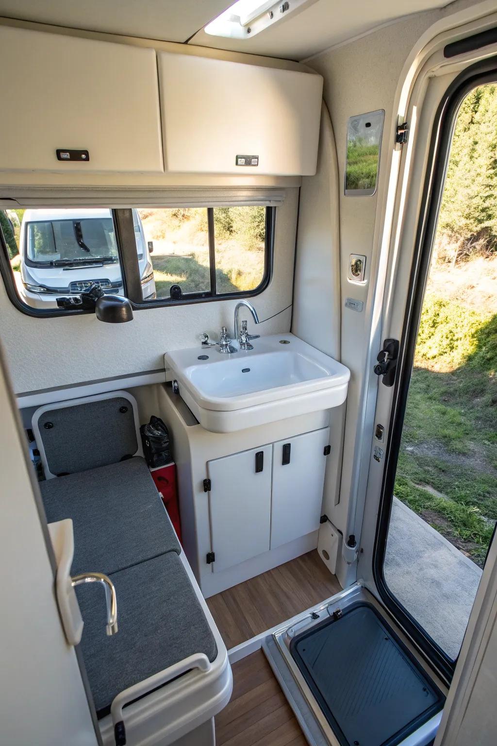 A folding sink design in a camper van bathroom, offering space-saving benefits.