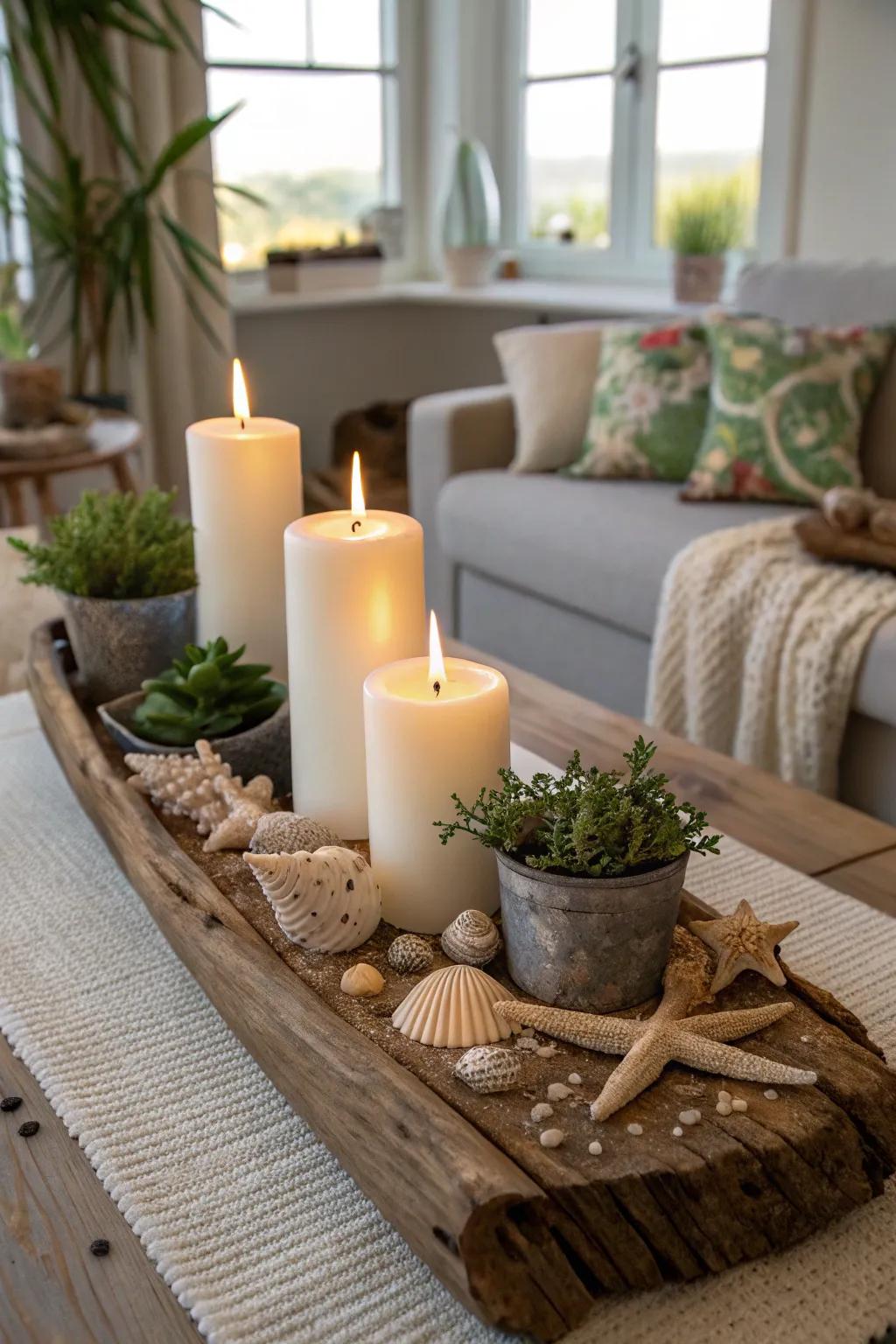 Lights alongside driftwood infuse your décor with a coastal essence.