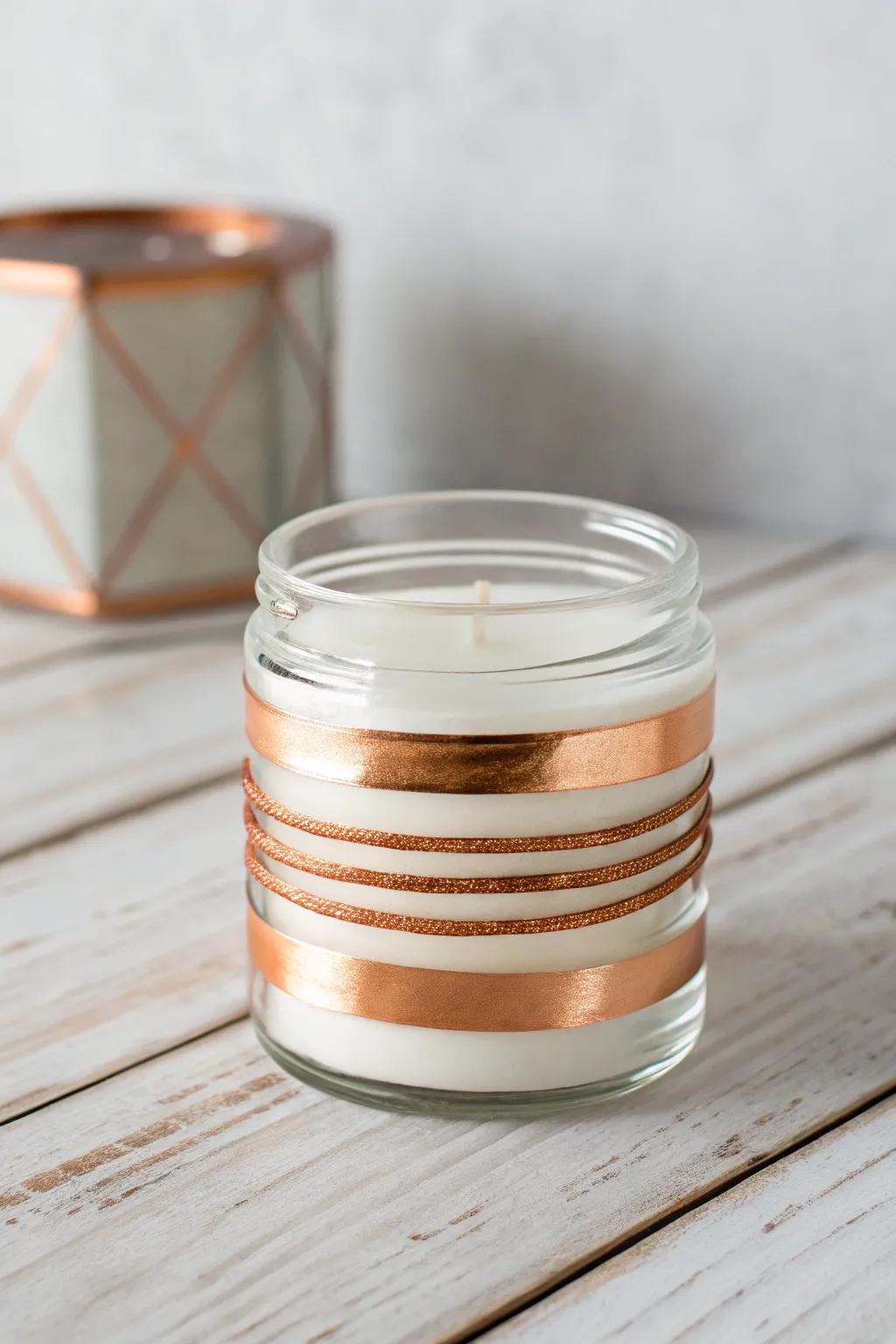 Incorporate a nuance of industrialized elegance to your environment through chic copper strip embellishments on your candle containers.