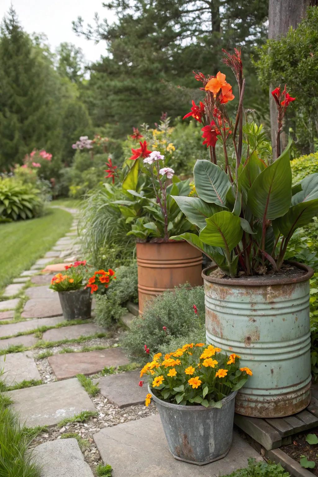 Eco-friendly flair with majestic blooms in repurposed containers.