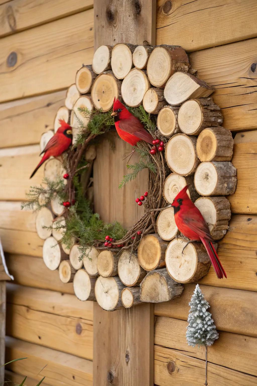 A rustic wreath showcasing cardinals and natural wood elements.