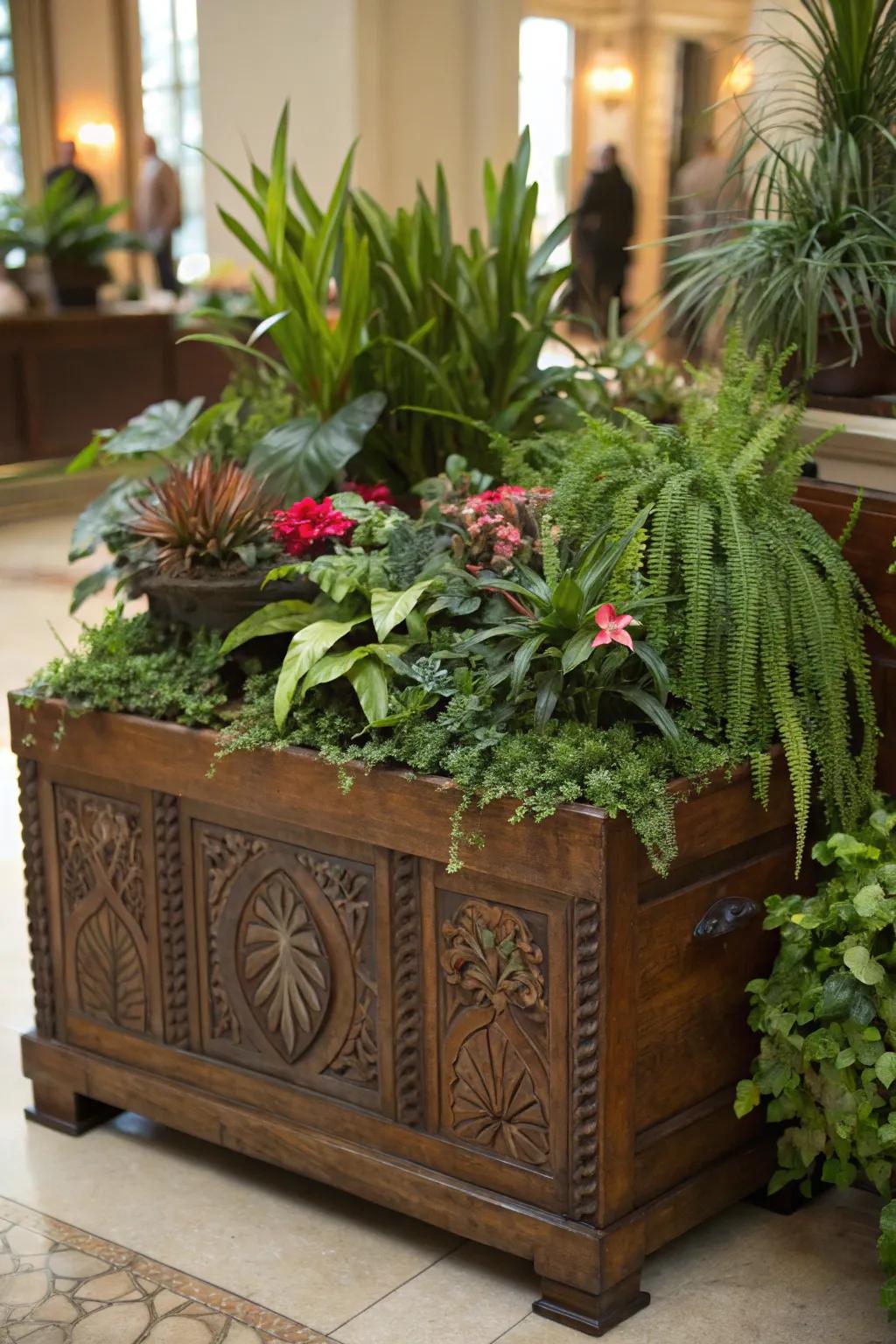Nature is brought inside with a cedar chest, which becomes a rich plant holder.