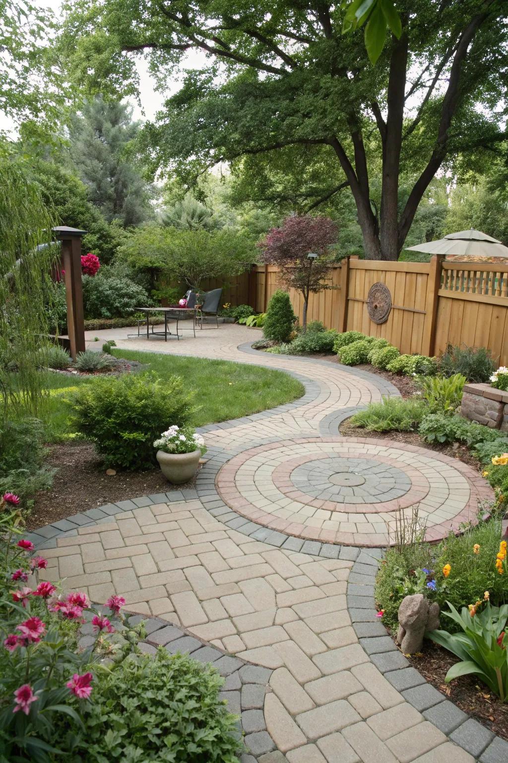 Rounded paving pathways incorporating intrigue and playfulness.