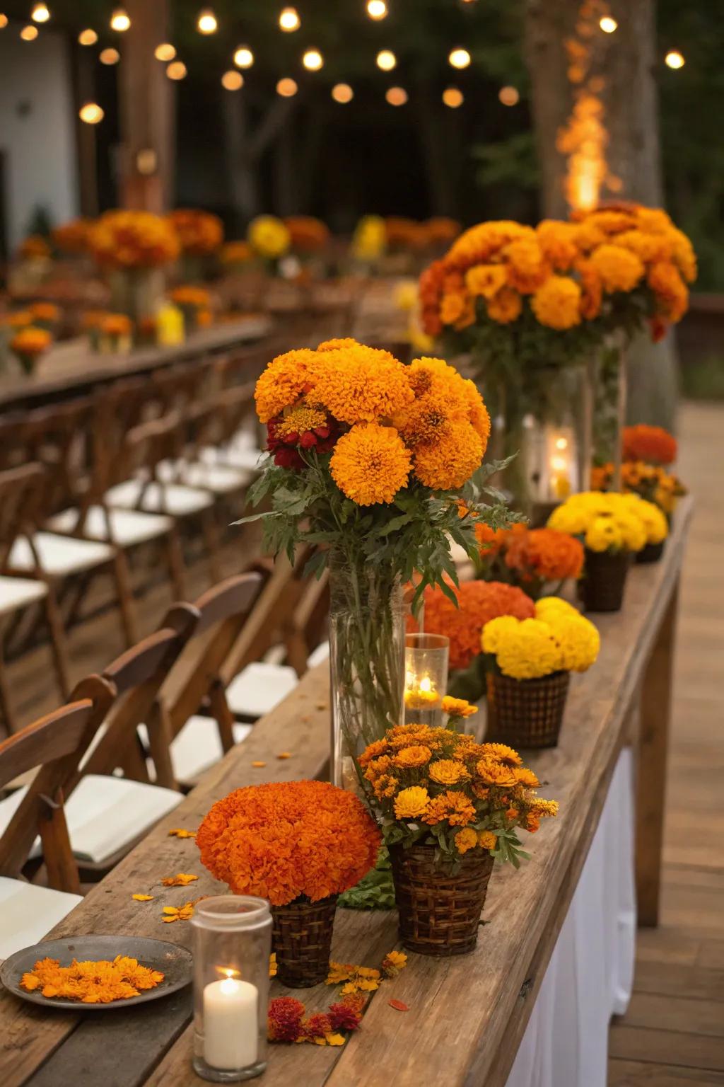Orange crowns introduce warmth and affordability to wedding decor.