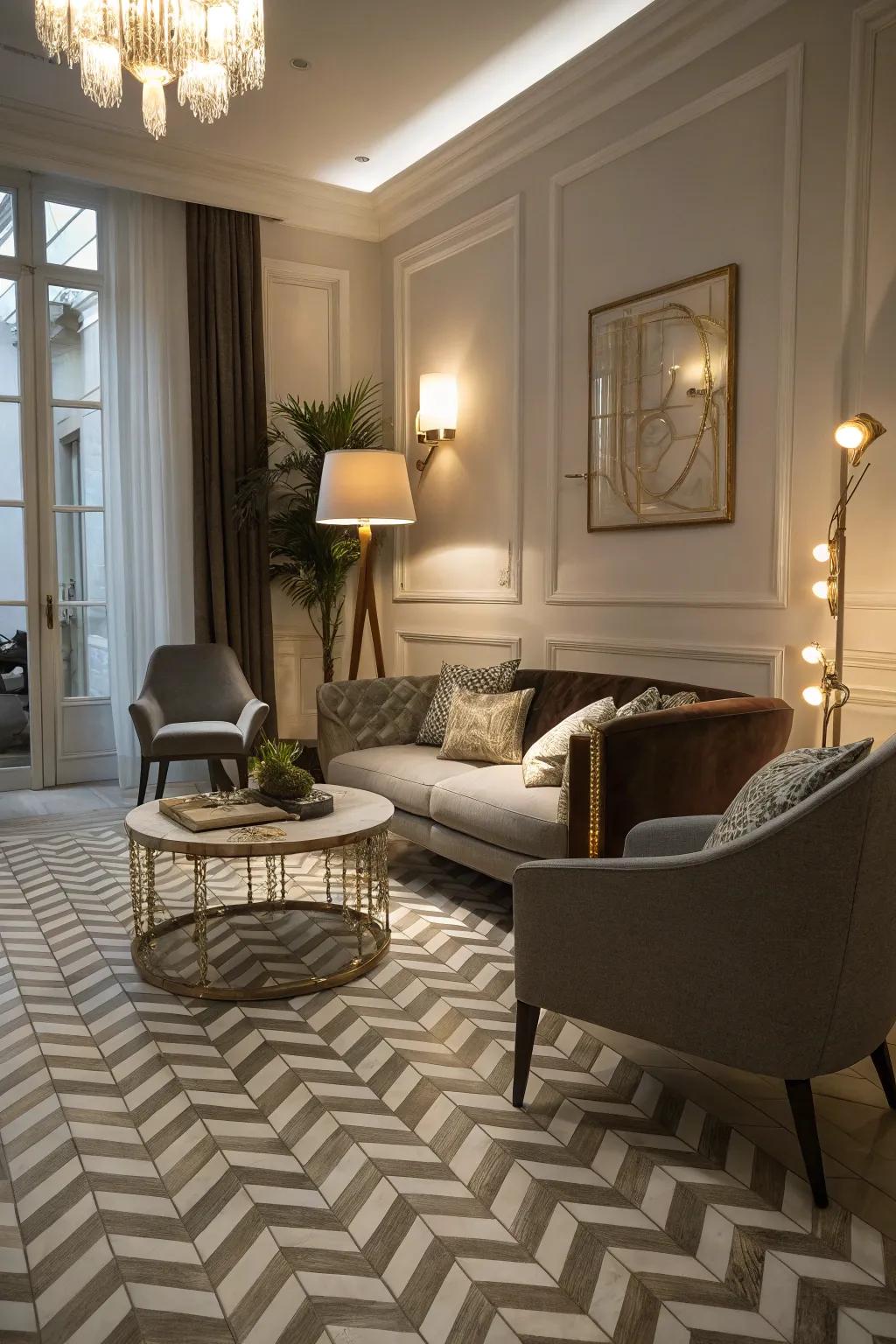 This inviting living room is enhanced by the stylish and cohesive zigzag layout tile flooring.