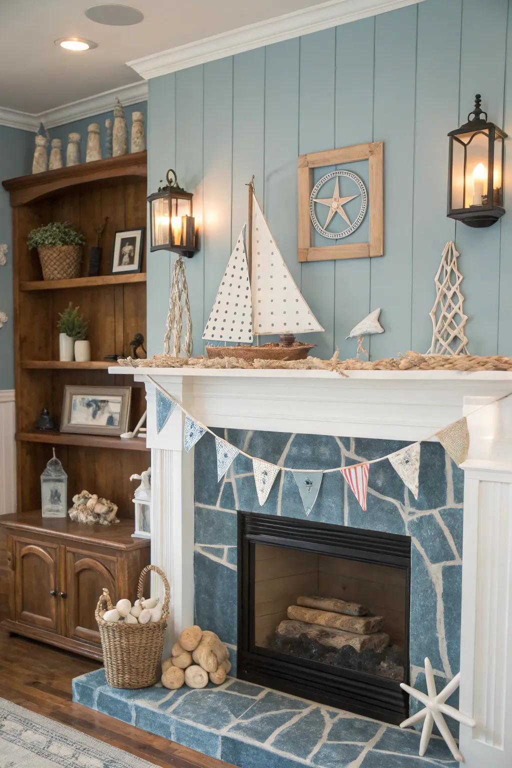 Maritime themes surrounding the fireplace evoke a serene seaside escape.
