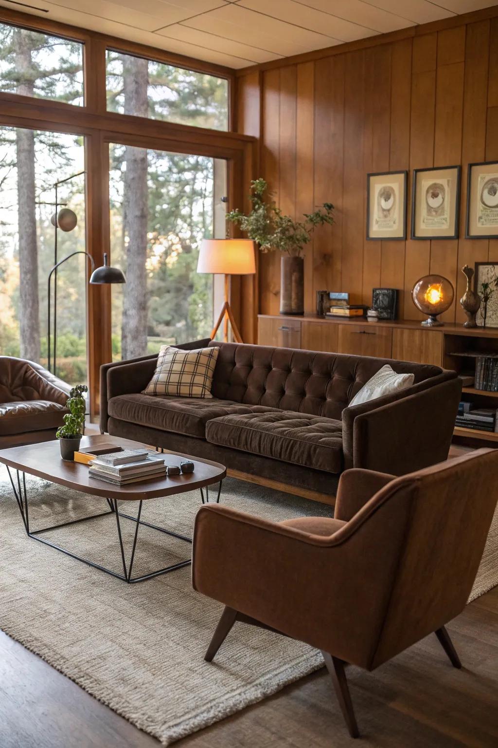 Mid-century modern charm enhances the timeless appeal of a cocoa sofa.
