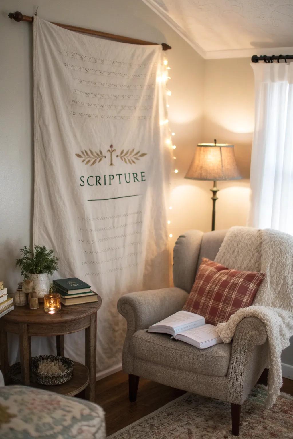 Textured fabric hangings add cozy warmth.