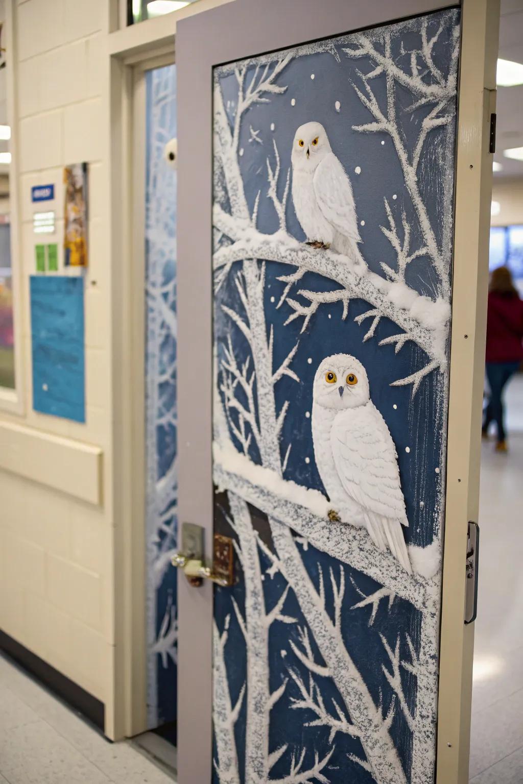 A tranquil snowy owl copse adorns this portal.