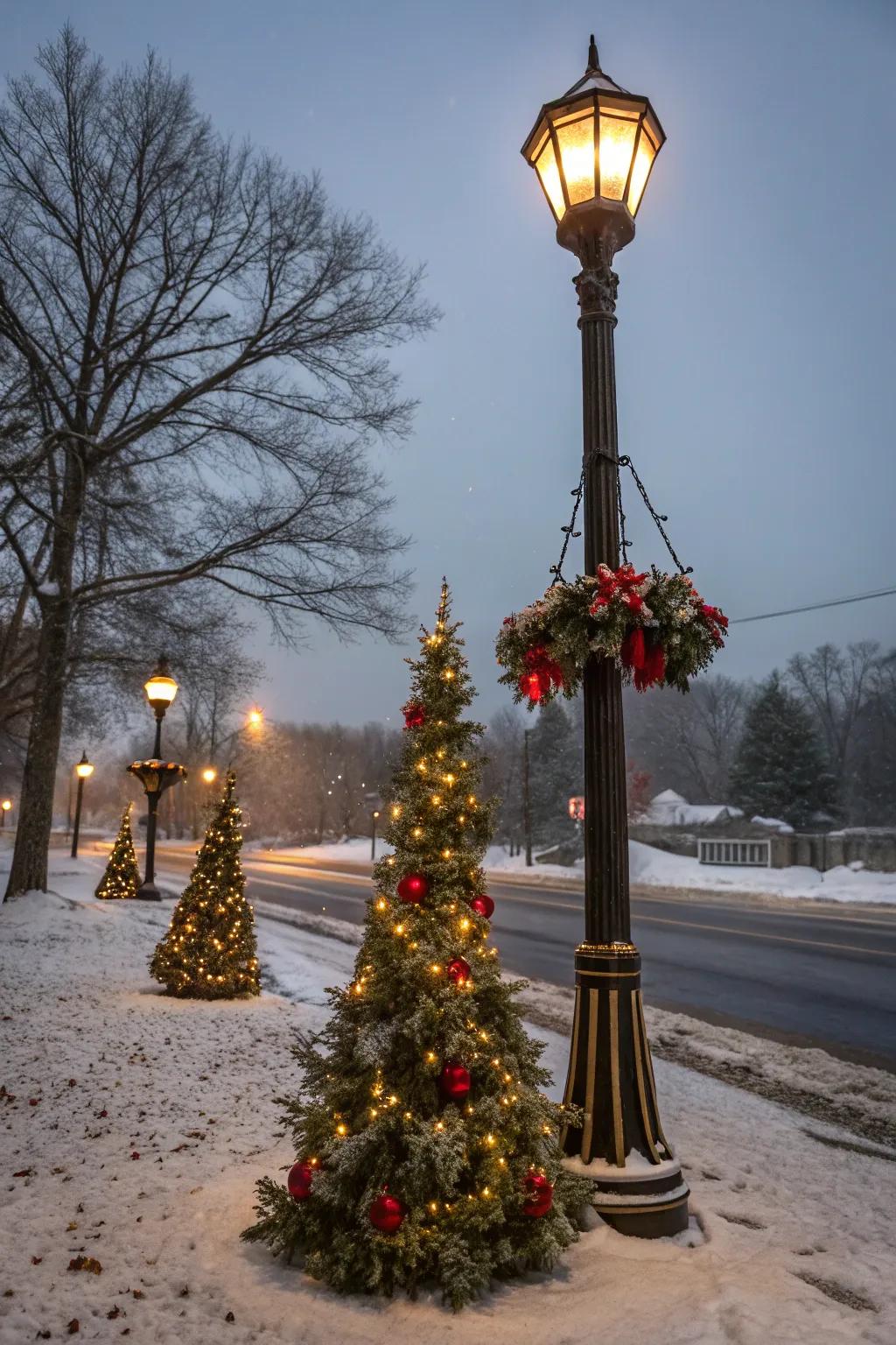 Mini Christmas trees bring festive charm to the base of a lamp post.