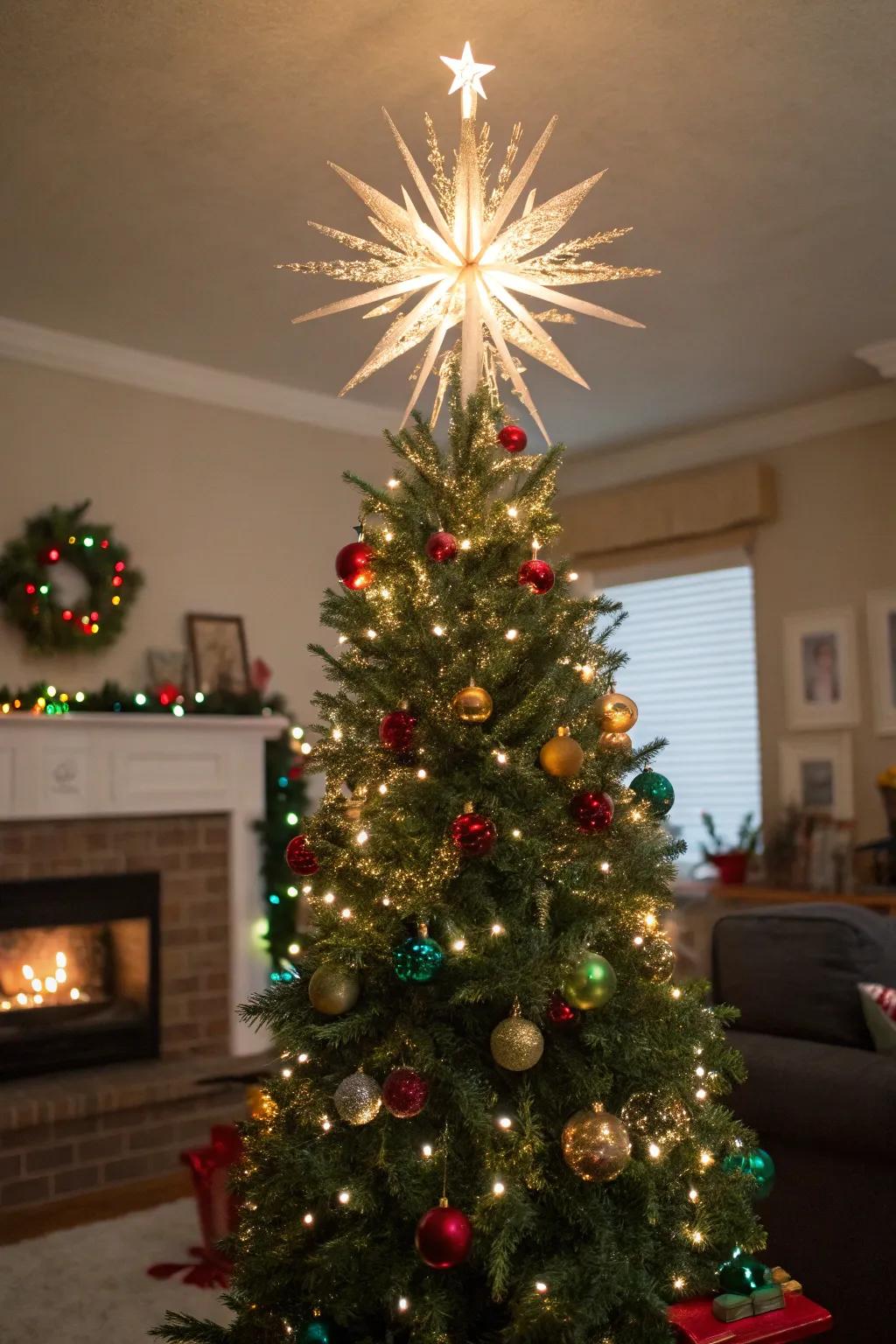 A unique illuminated starburst topper creating a stunning tree focal point.