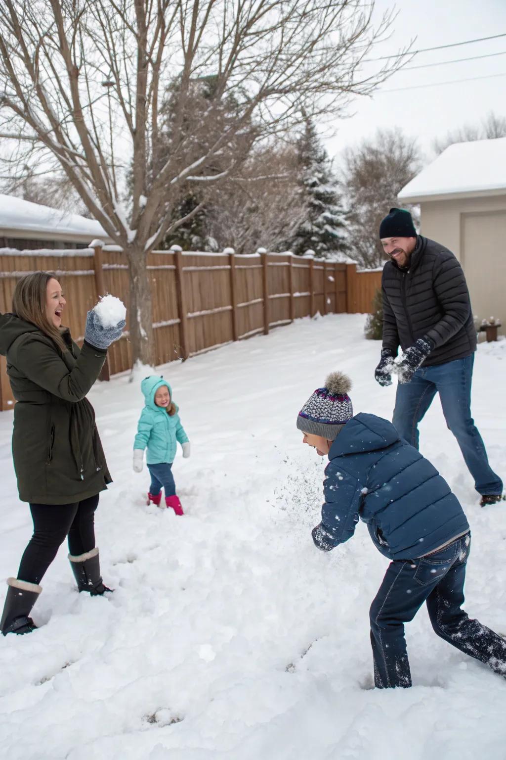 A family enjoying a playful snowball scuffle in their snow-covered backyard, capturing spontaneous holiday delight.
