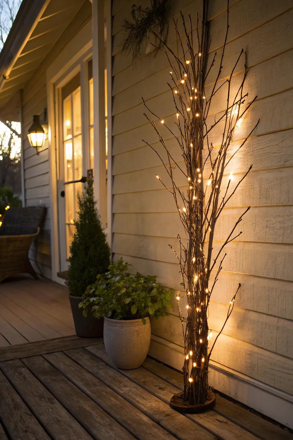 Illuminated limbs fashion a straightforward yet striking porch decoration.