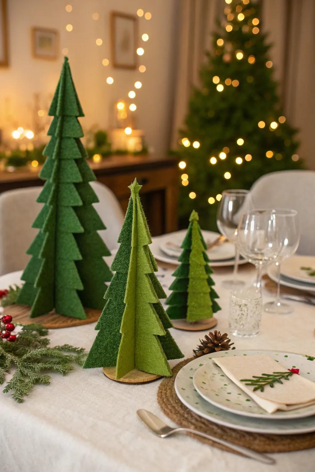 Handcrafted fiber trees introduce unpretentious charm to the holiday decor.