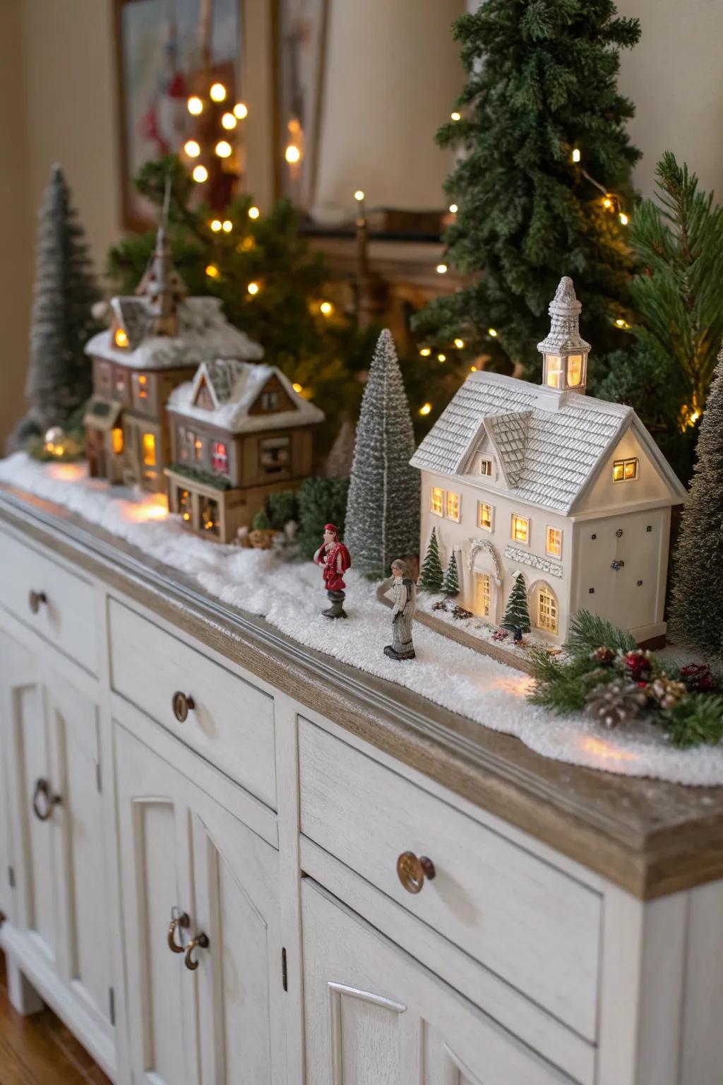 A delightful Yuletide hamlet scene featuring miniature abodes and trees.