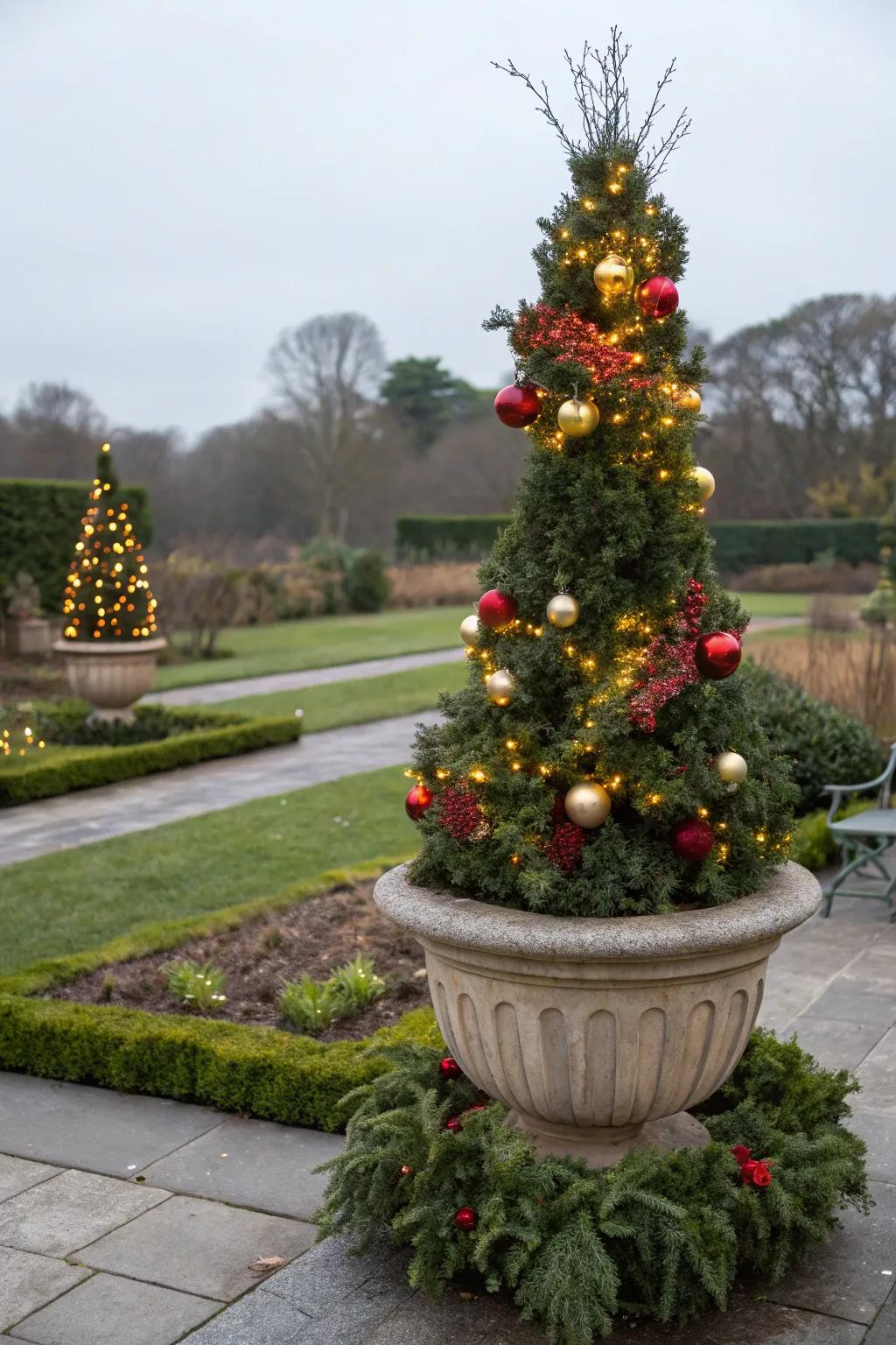 A unique yuletide topiary showcased in a pot.