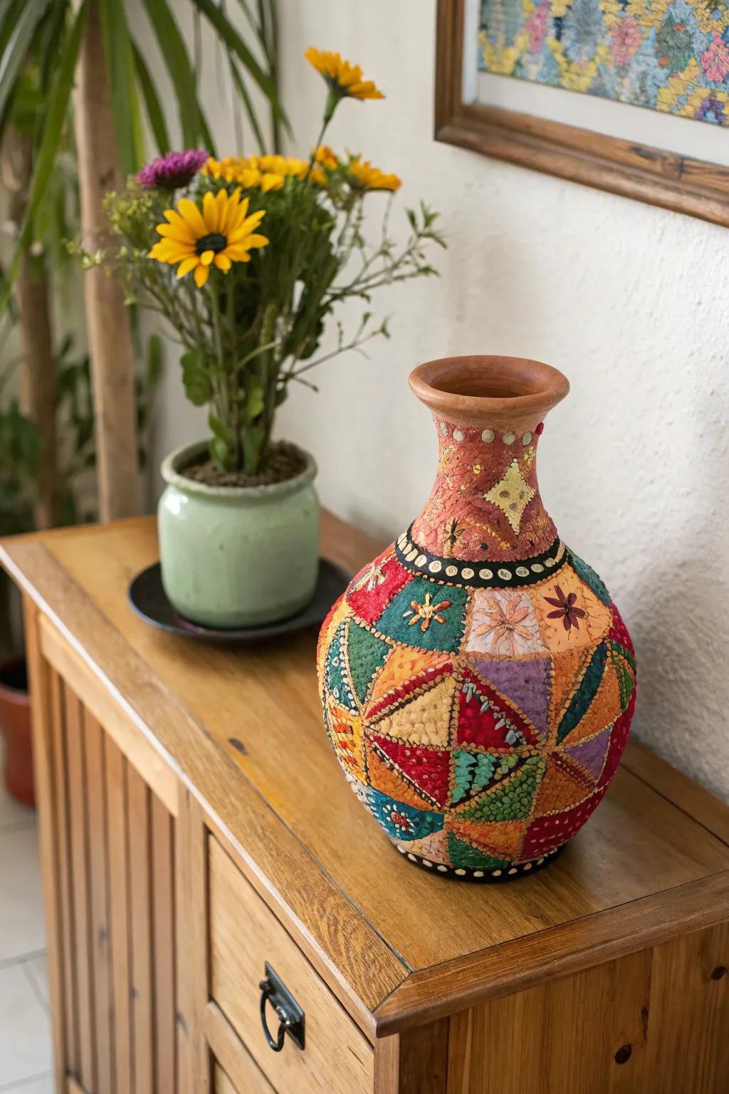 A fragmented motif earthenware vase adding diverse charm to a space.