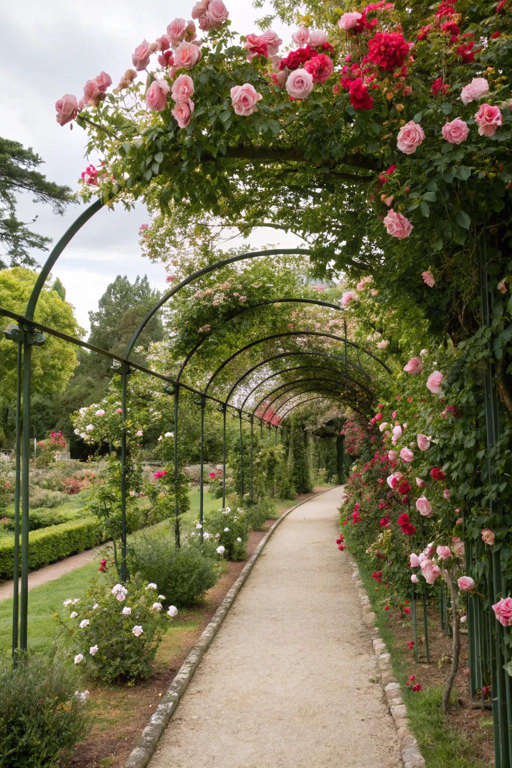Elevate garden pathways with delightful climbing roses.