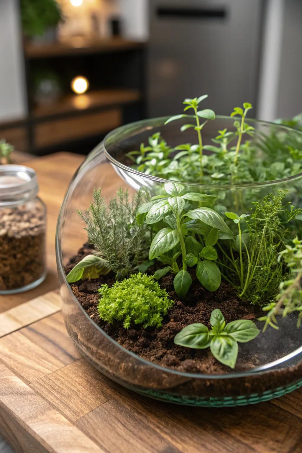 An edible spice garden terrarium, uniting allure and utility.