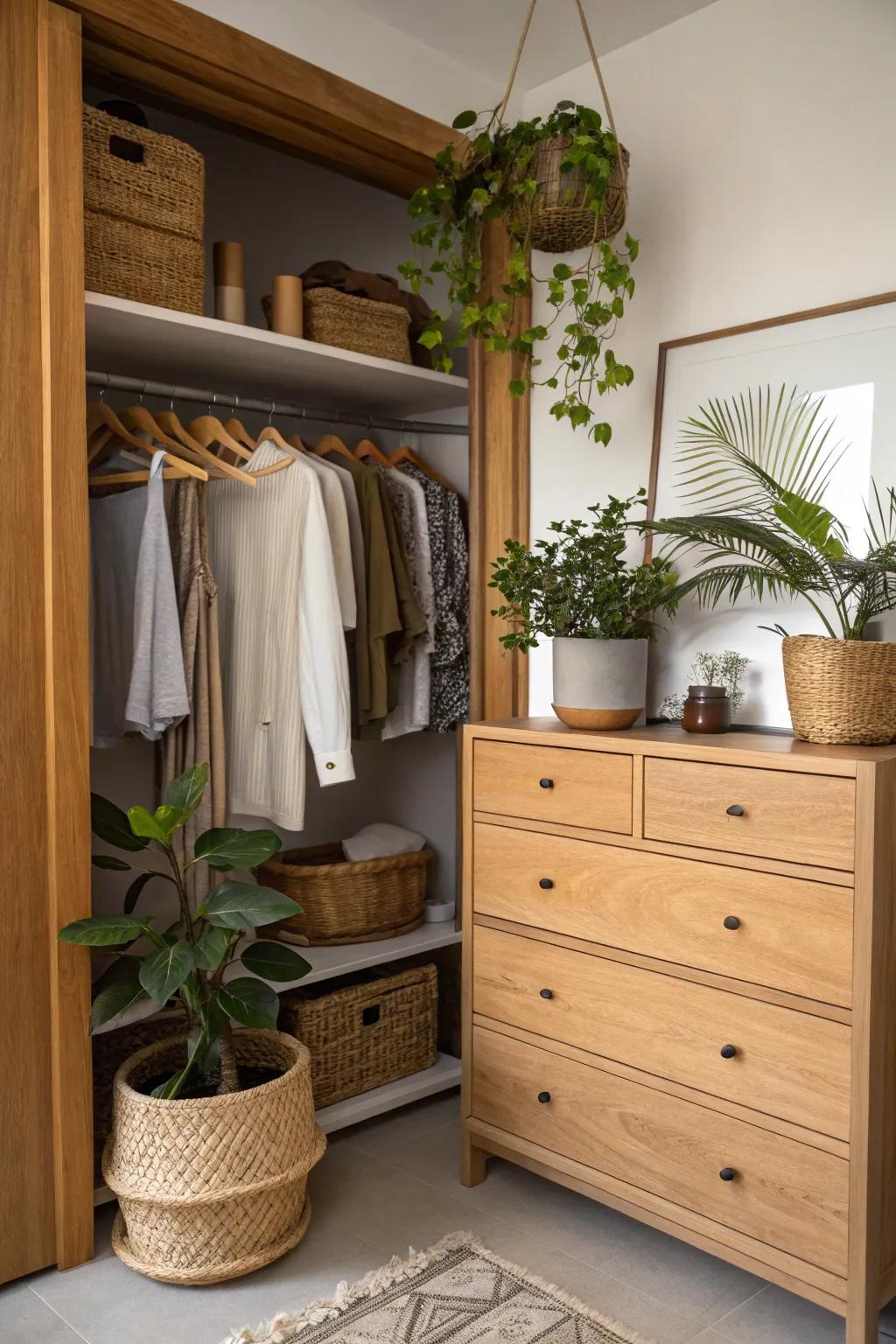 Natural elements bring calm and balance to the closet.
