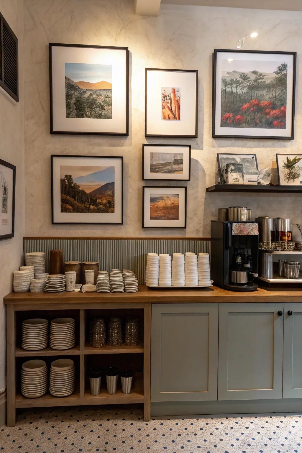 Artistic elements personalizing the coffee bar area.