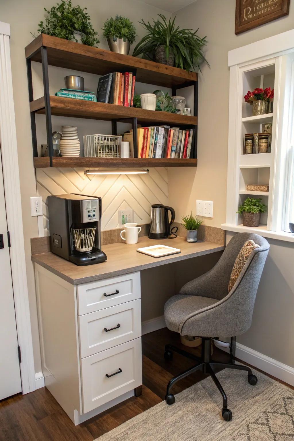 An inviting coffee spot in a home office.