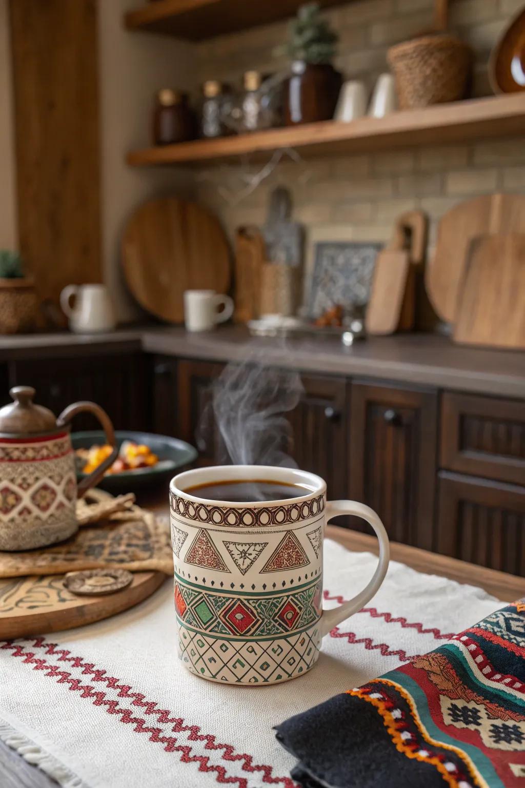 Cultural patterns add a global touch to your mug collection.