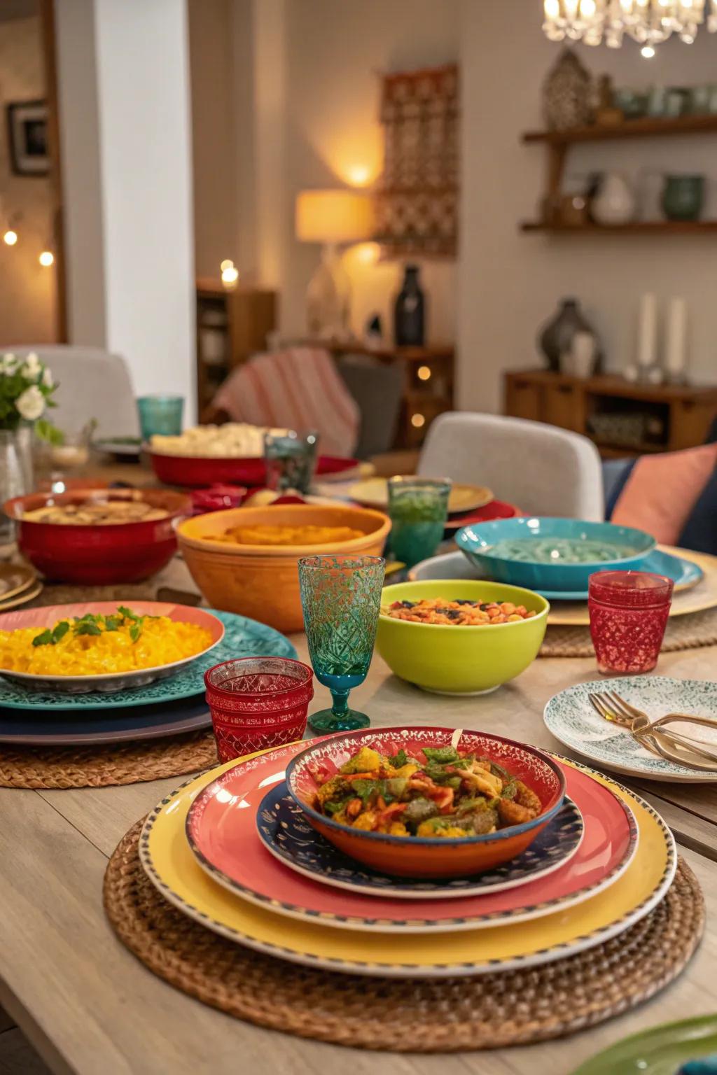 A chromatic shared meal showcasing a variety of vibrant dishes.