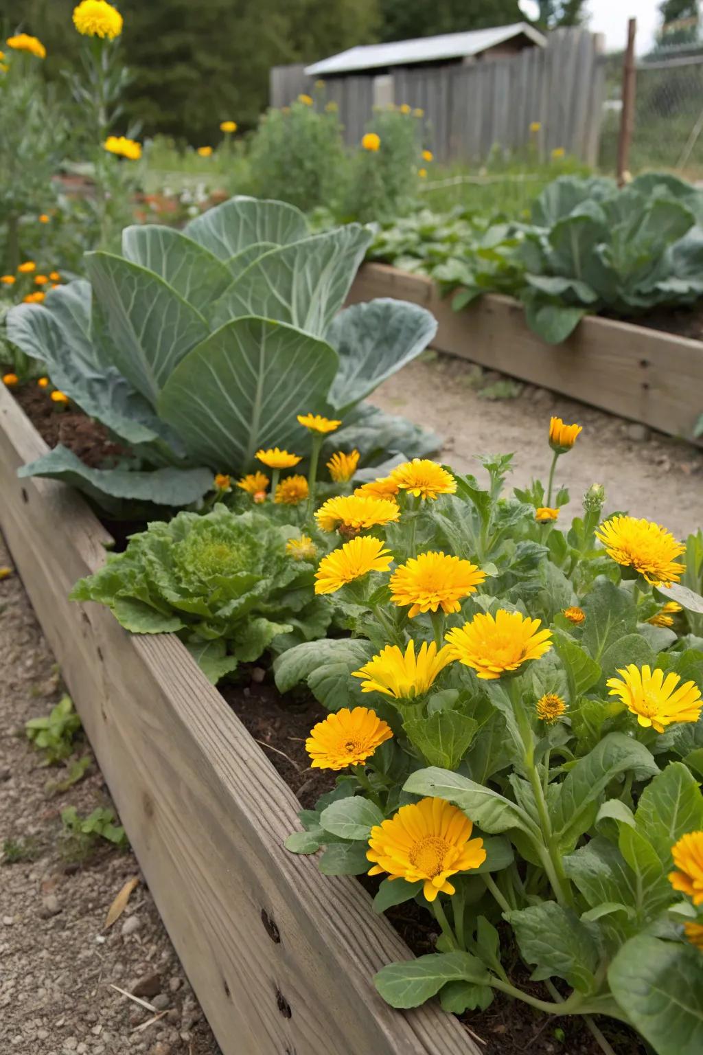 Daisy and cabbage, a colorful and pest-repelling garden pair.