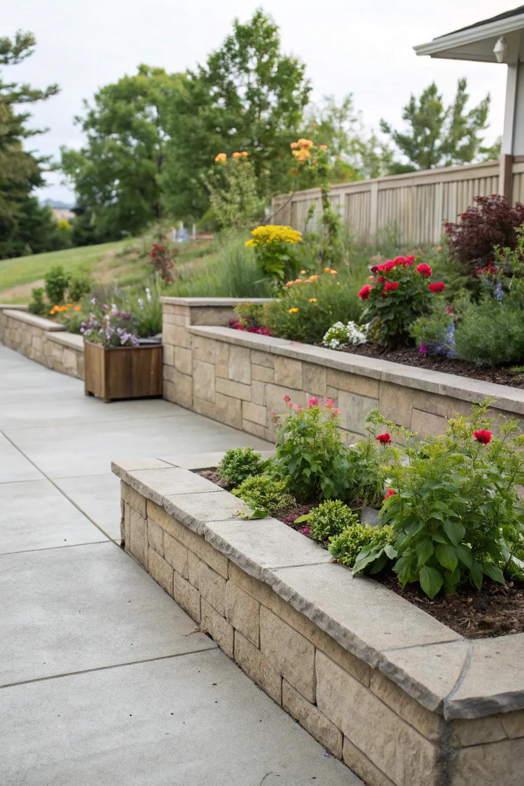 Retaining walls introduce height and structure to patio borders.