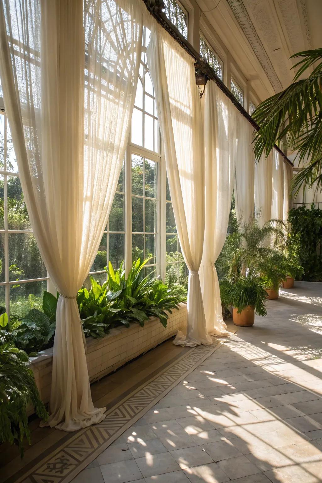 Sheer drapery elevating the light and airy impression of a sunroom.