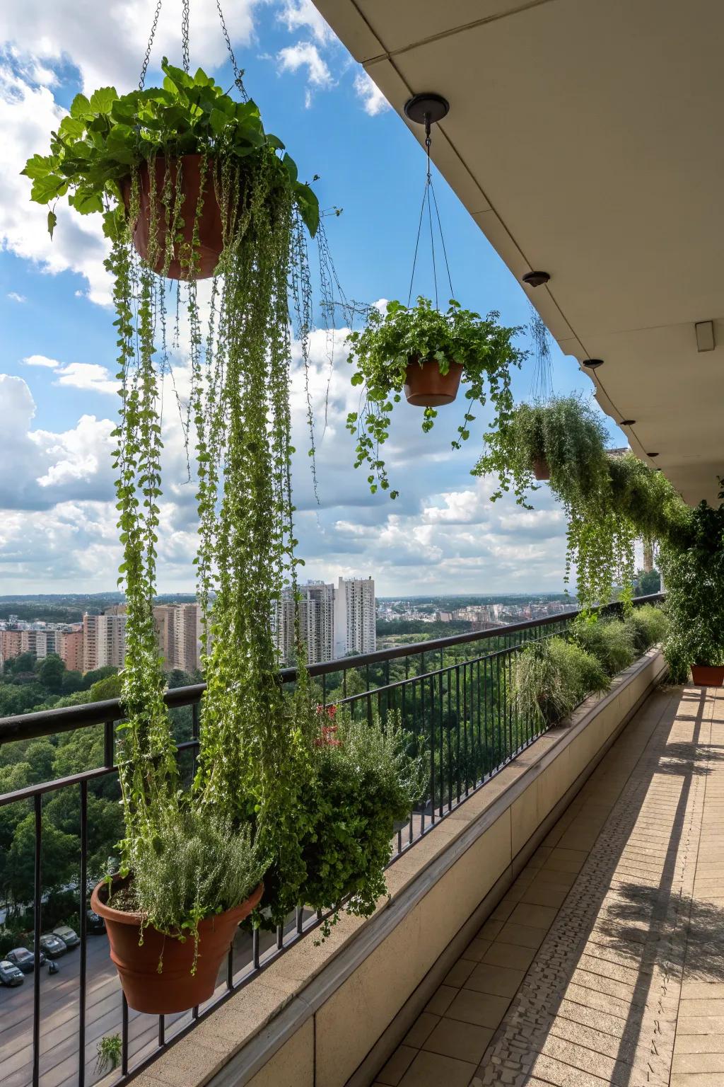 Hanging containers add vertical interest to small spaces.