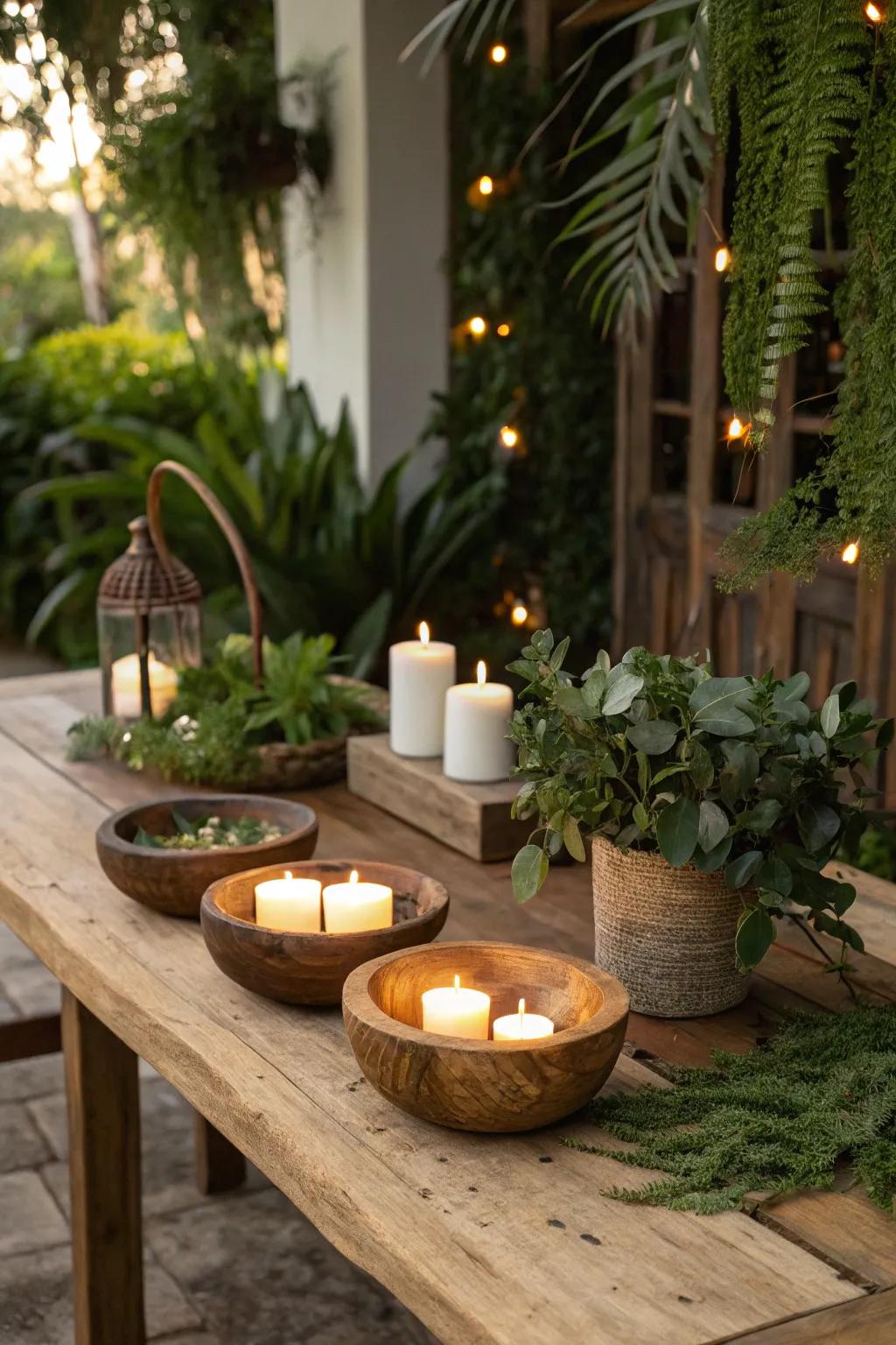 Timber basin candles contribute homespun charm to your décor.