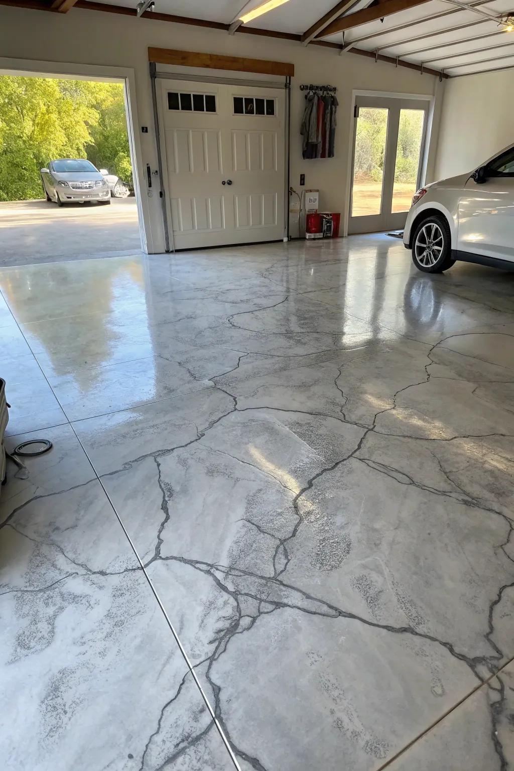 Stained concrete adds an artistic marble-like effect.
