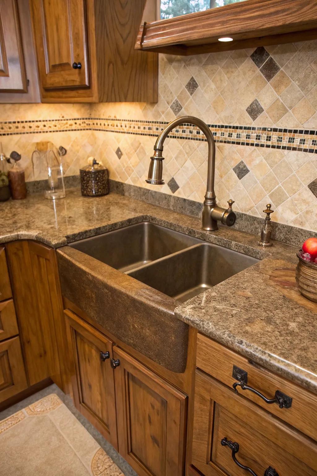 A corner sink with a country-style touch, offering a warm kitchen atmosphere.