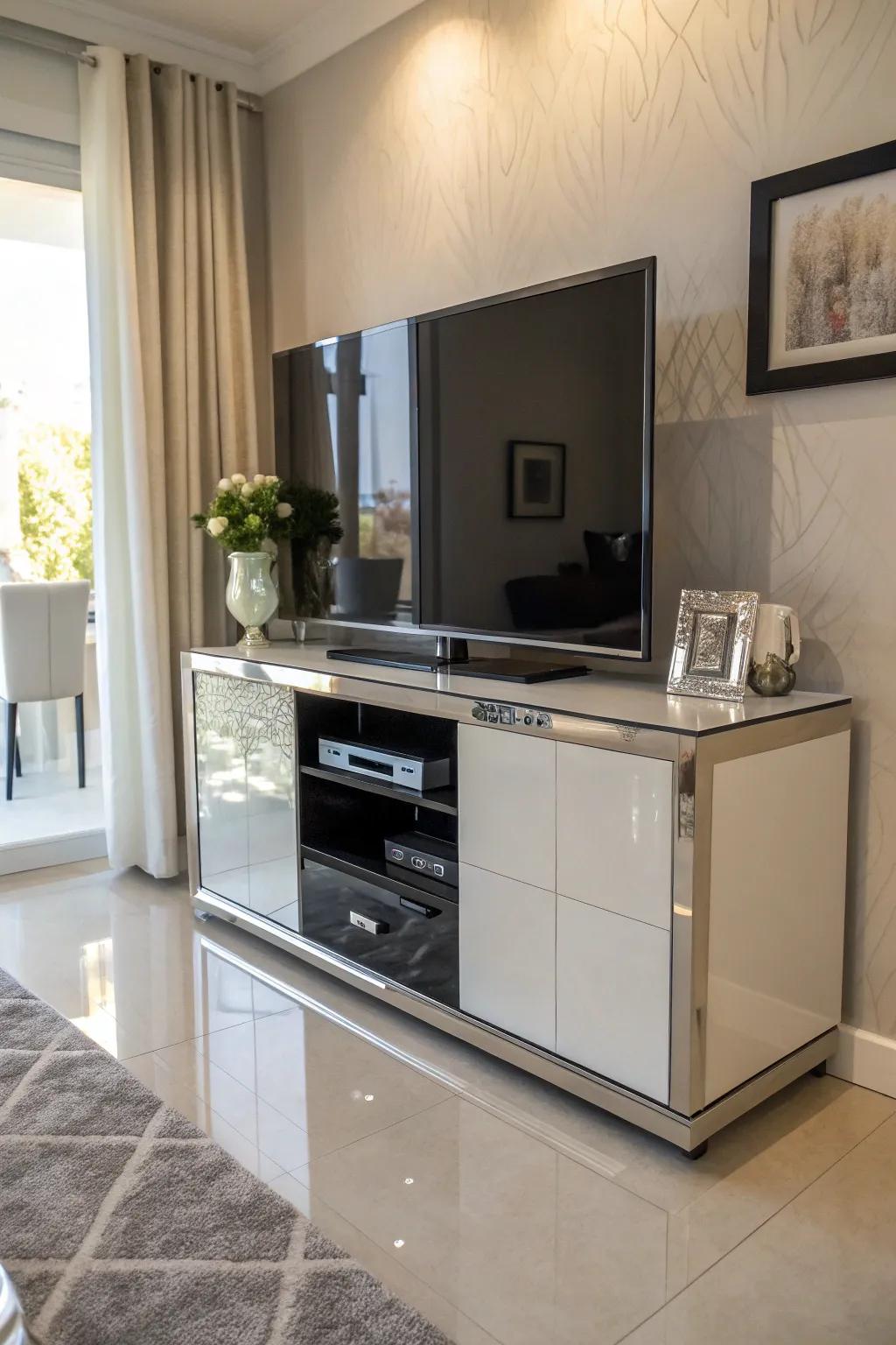 Reflective finishes enhance illumination and space, elevating the corner TV setup.