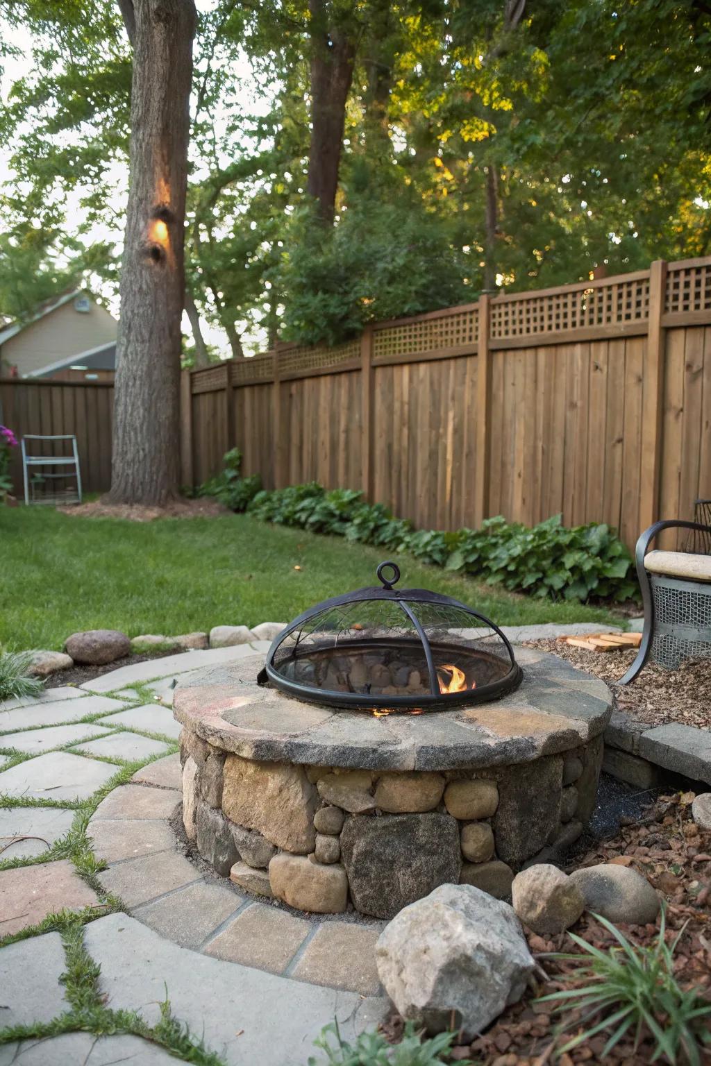 Stone and metal combine to create a striking and modern countryside fire pit.