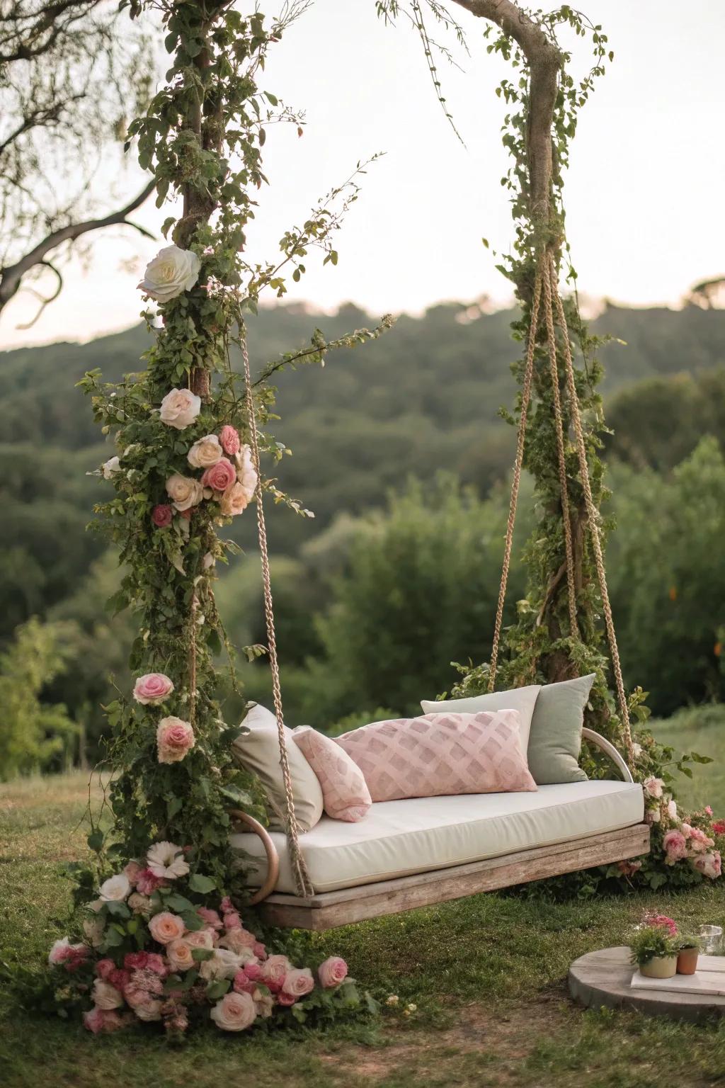 A whimsical cushioned oscillation enshrouded in vines at a countryside wedding.