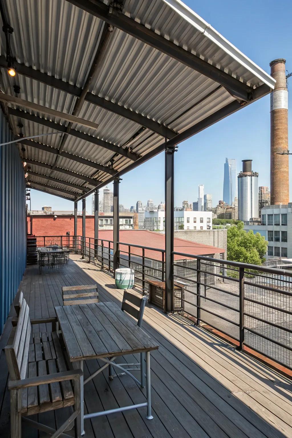 An urban stylish deck featuring a corrugated metal roof.