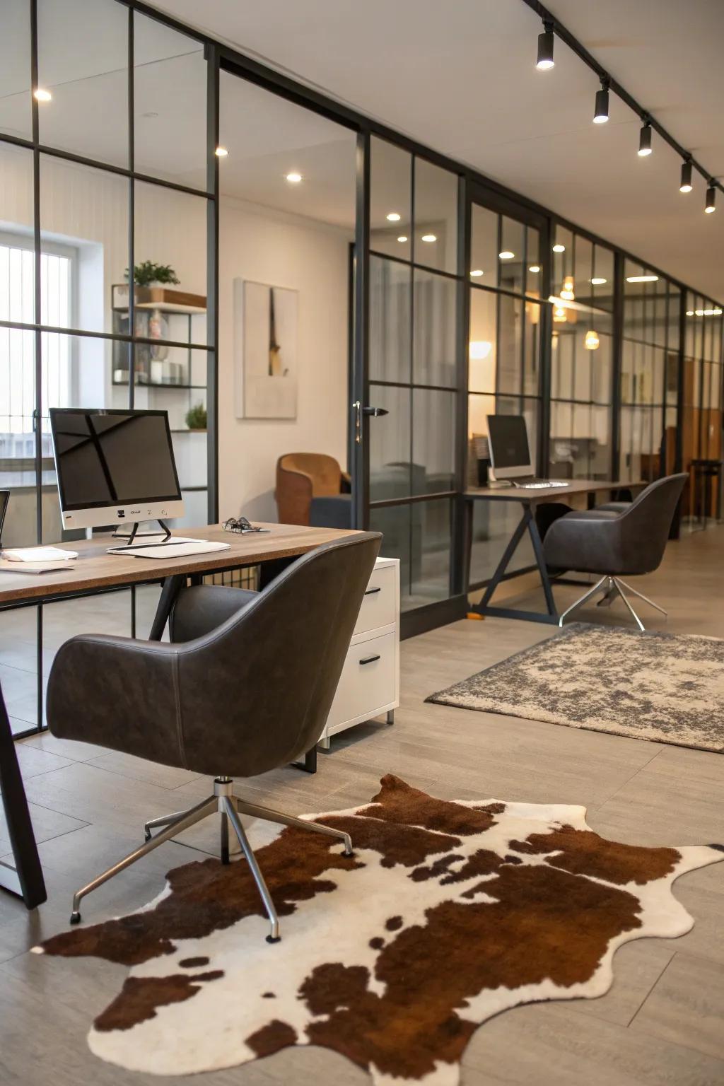 A tasteful office space with a hide wall accent.