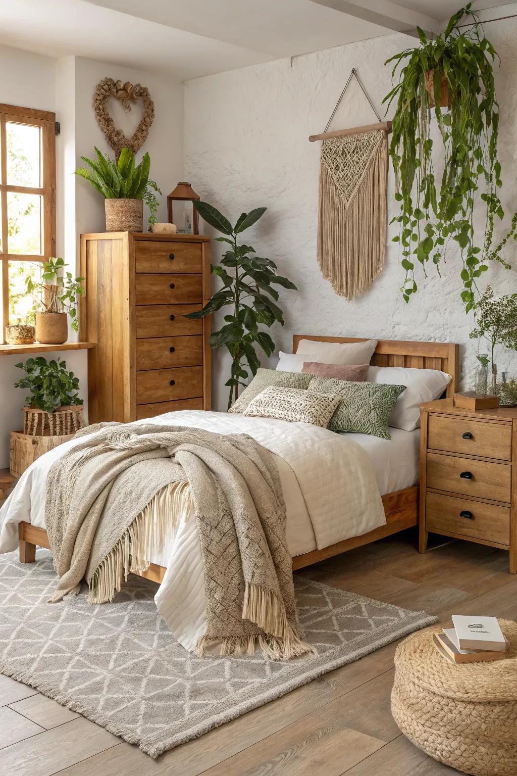 A bedroom embracing untreated materials and layered textures.