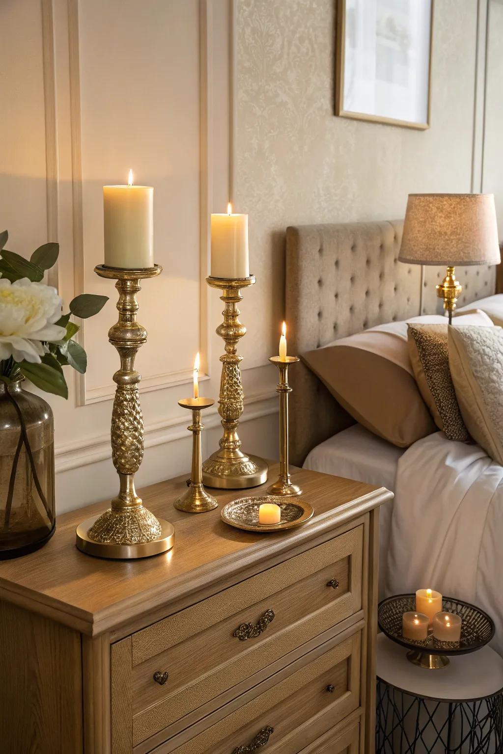 Gold candle holders contribute to a warm, soothing ambiance.