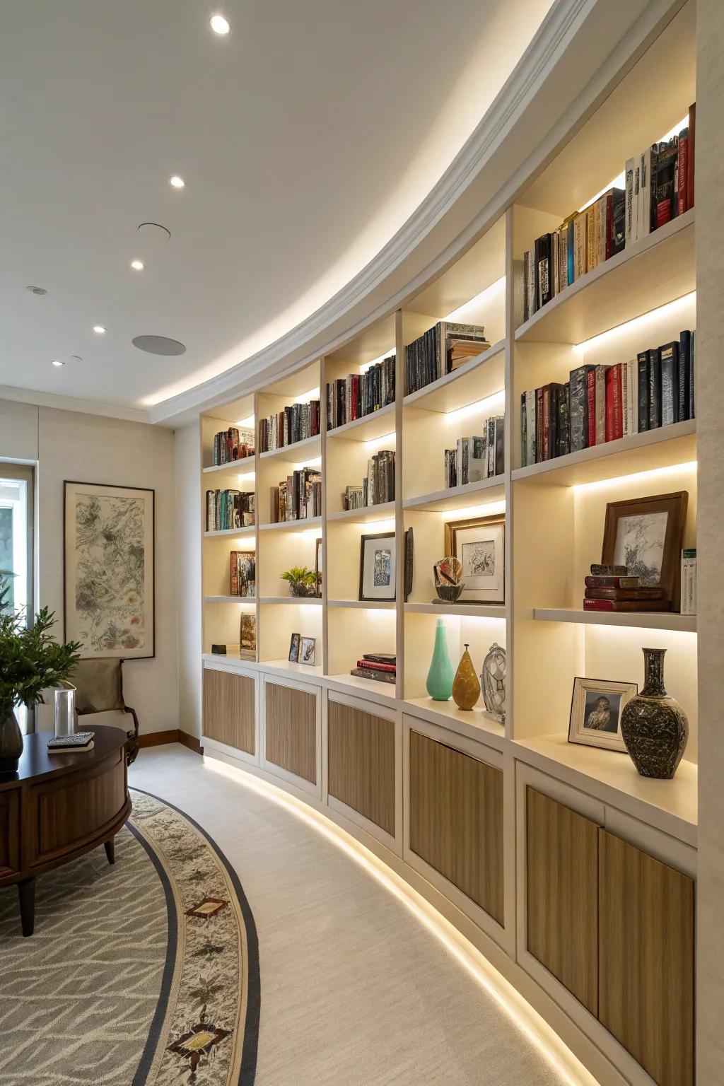 Curved bookshelves add elegance and soften the lines of your décor.