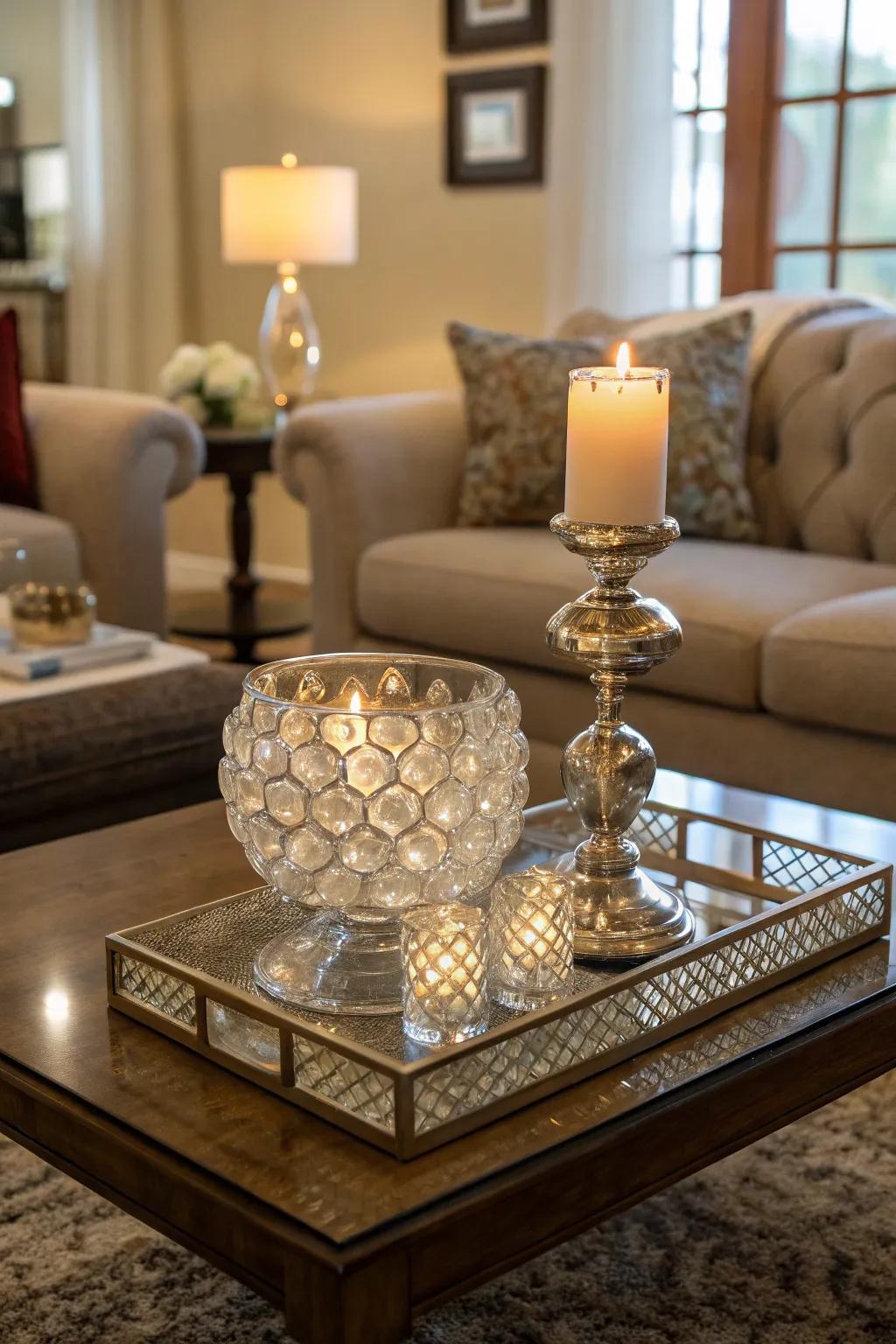 A bold crystal centerpiece on a living room table.