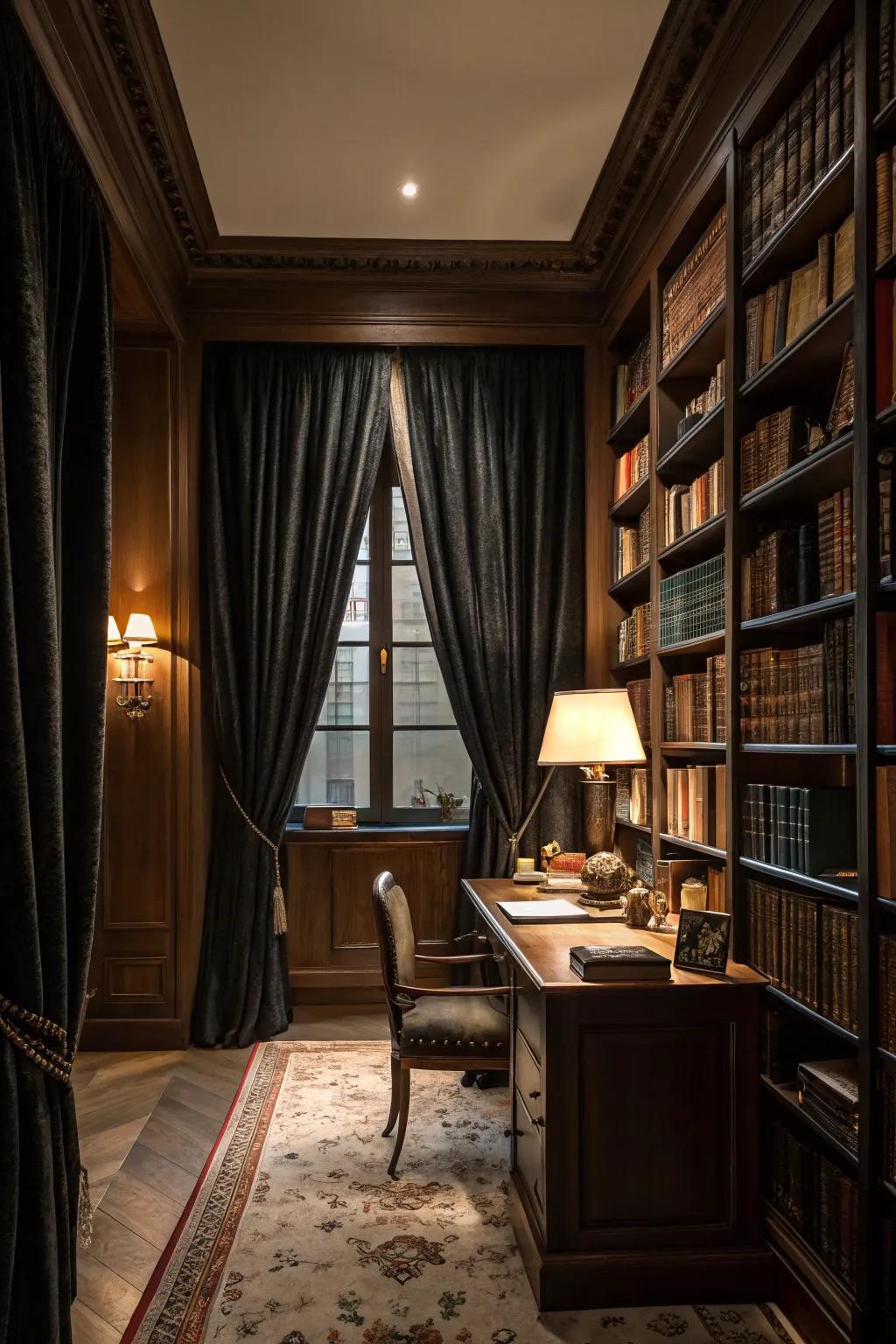Shadow-trimmed drapes elevate persona and spectacle.