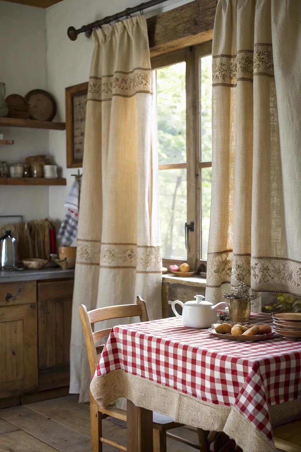 Rustic kitchen drapes with textured hessian embellishments.
