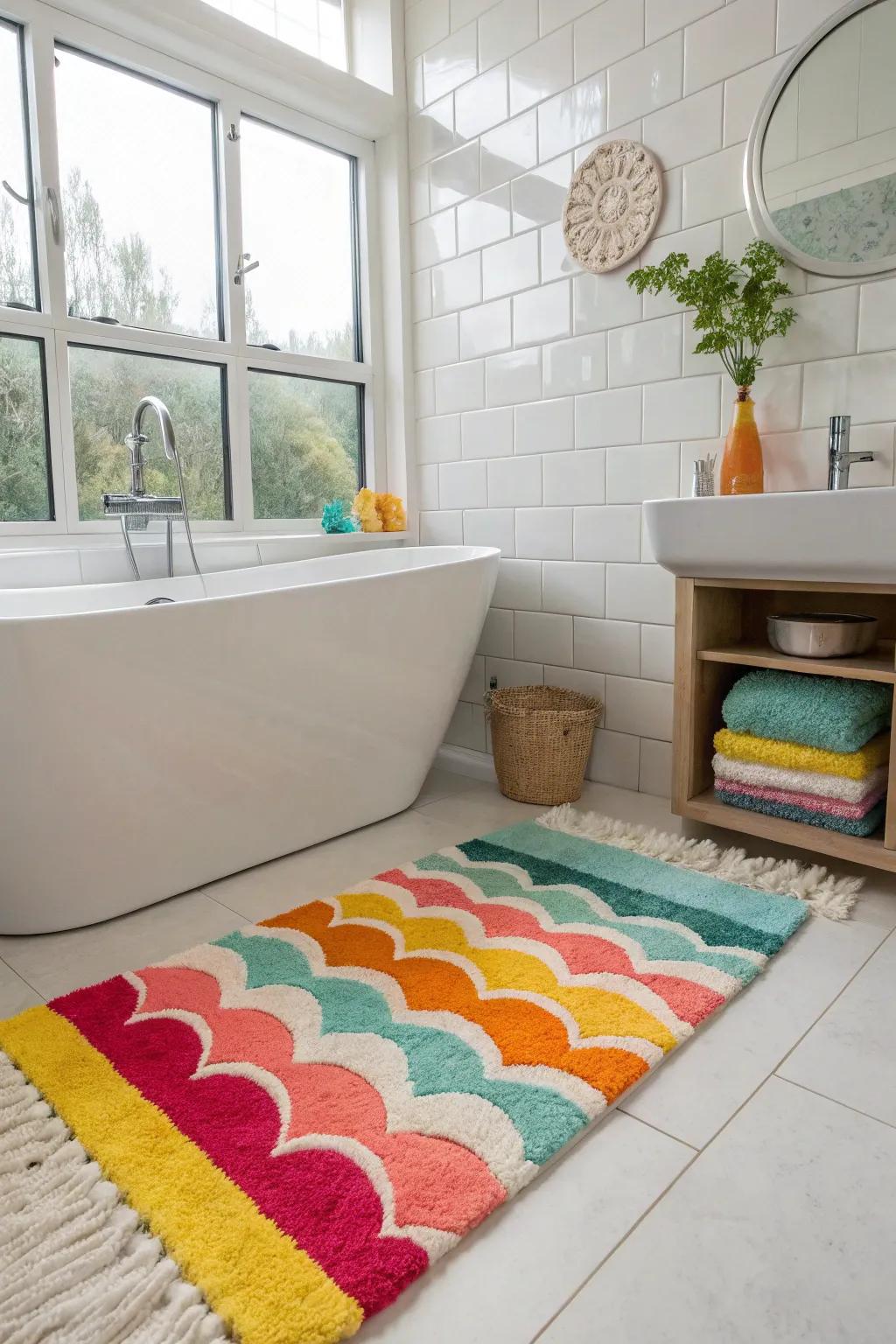 A colorful bath mat elevates the mood and brings vibrancy to your bathroom.