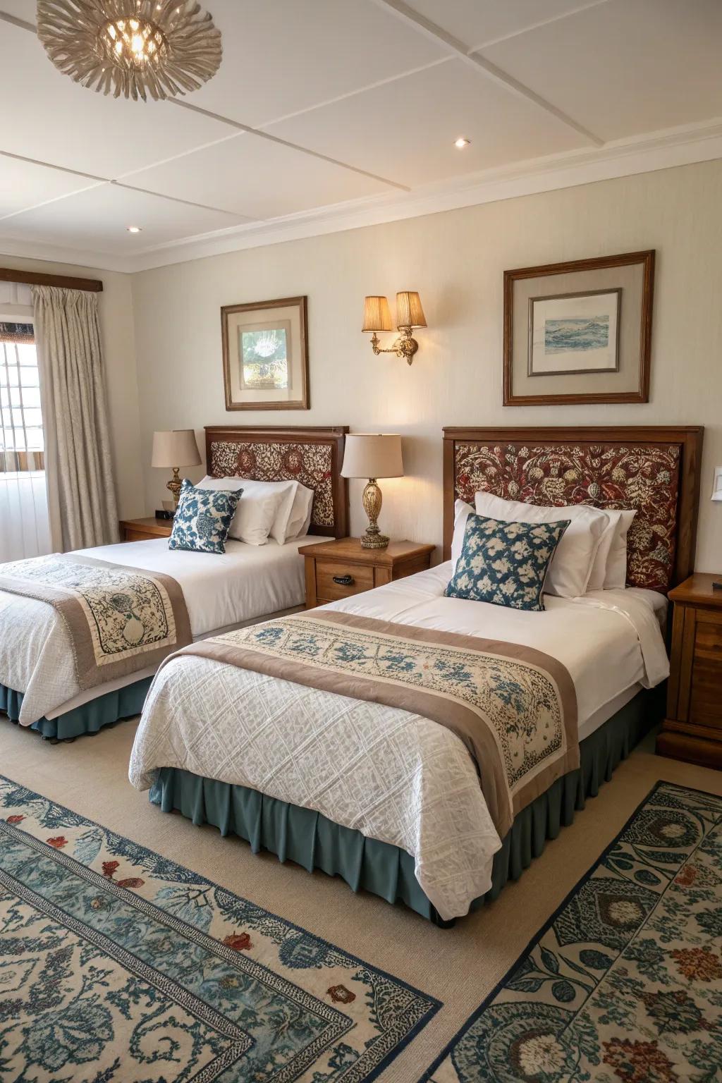Symmetrical beds bring a sense of balance and sophistication.