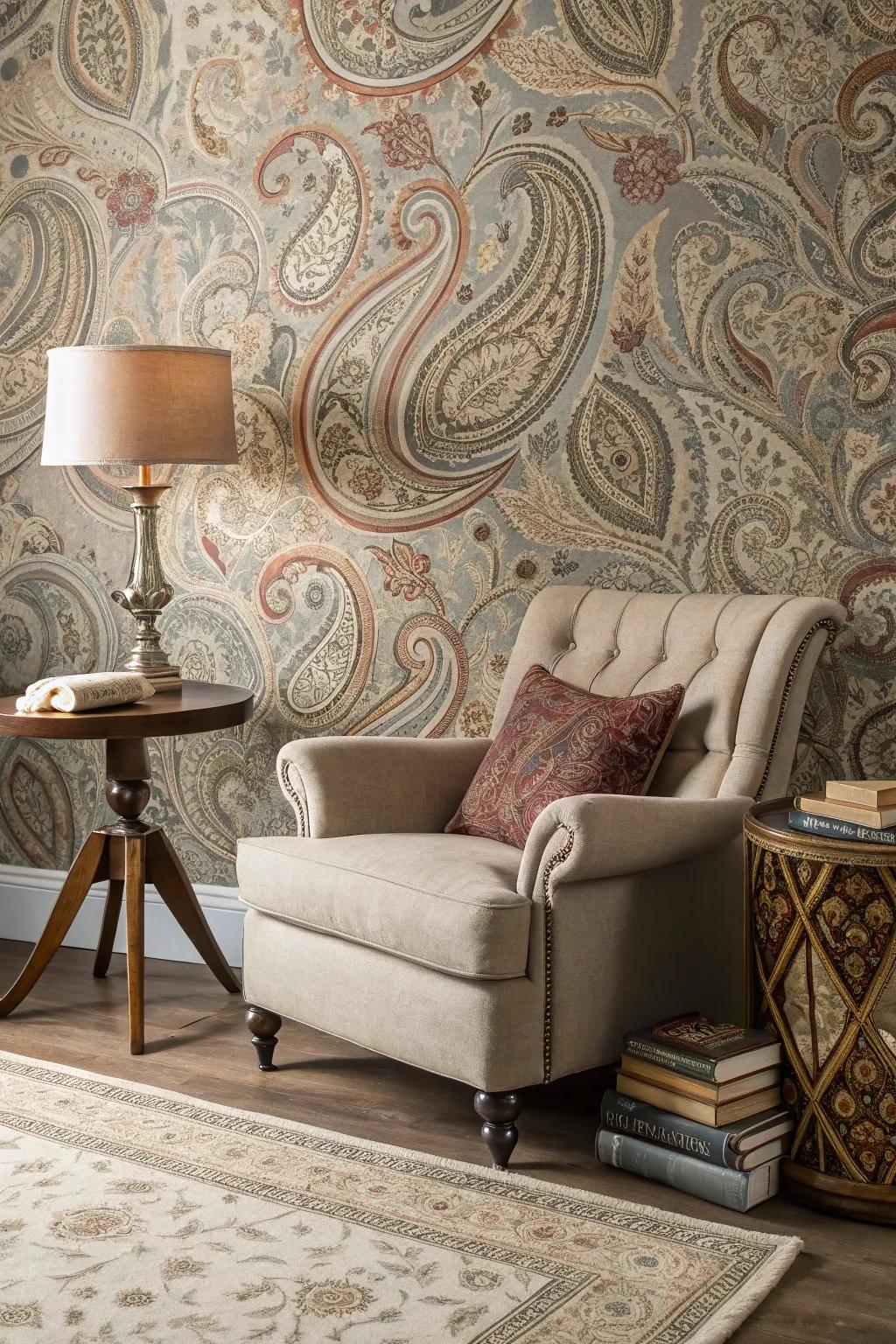 A reading corner with paisley pattern wall covering, offering elegance and comfort.